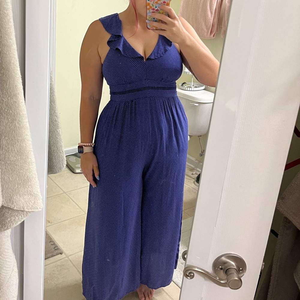 Blue Swiss dot cute Anthropologie jumpsuit with pockets